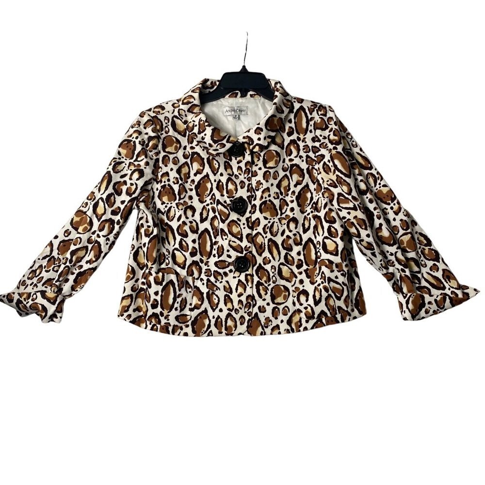 Andre Oliver Women Size 12 Leopard Cheetah Print Cotton Blend Button Up Blazer